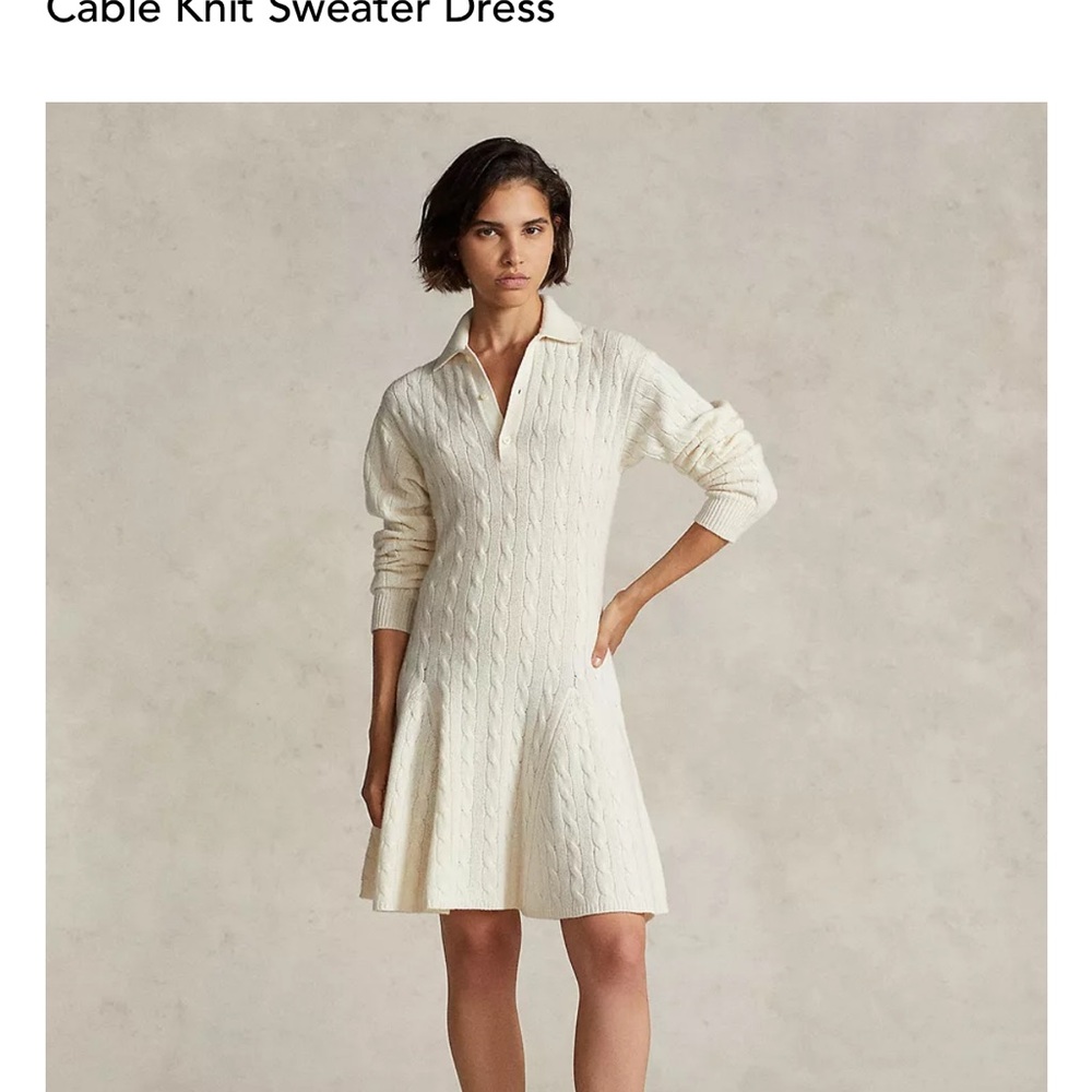NWT! Polo Ralph Lauren Cashmere Cable Knit Sweater Dress in Cream sz small